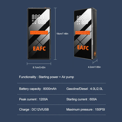 EAFC 1200A Car Jump Starter Power Bank 150PSI Portable Air Pump Car Battery Emergency Boosters Starting Device Car Starter